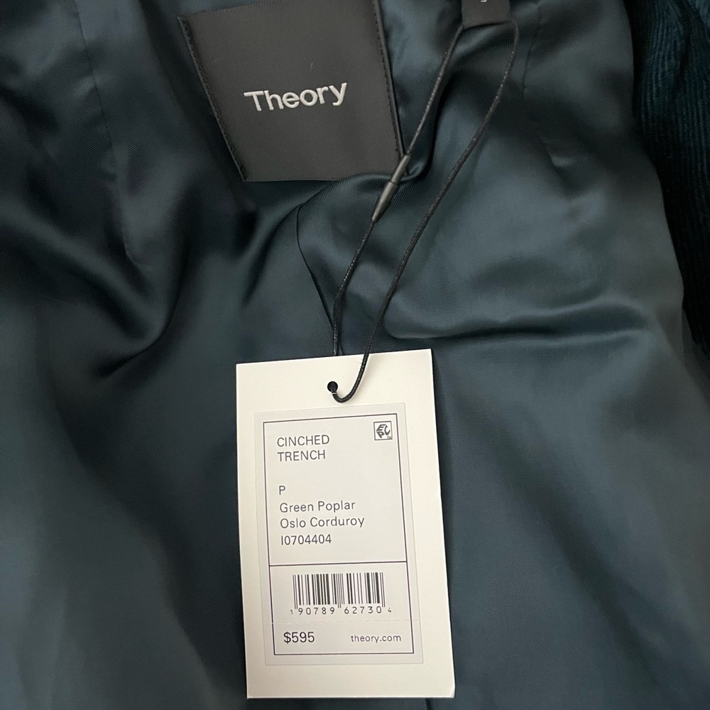 NWT! Theory | Cinched Belted Oslo Corduroy Trench Coat In Green | Size: Petite - Picture 6 of 11